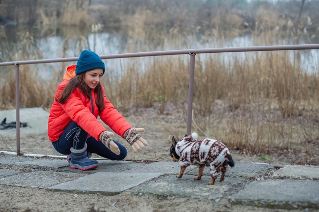 Ragazza in abiti invernali. Ragazza dell'adolescente in una giacca, un cappello e una sciarpa arancio. Ragazza e chihuahua.