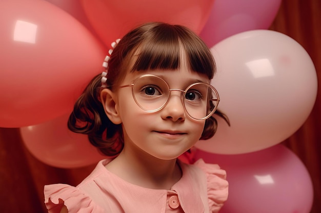Ragazza in abito alla festa di compleanno Bambina con gli occhiali in posa su un muro rosa con palloncino Genera ai