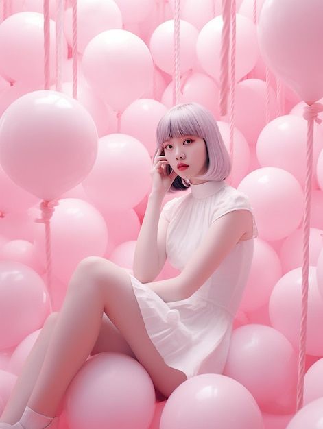 ragazza in abito bianco con capelli rosa seduto in palloncini rosa