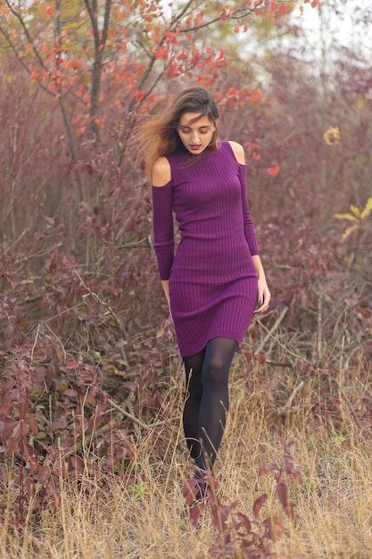 Ragazza in abito lilla sulla natura in autunno Ritratto di una bella ragazza in autunno nella foresta