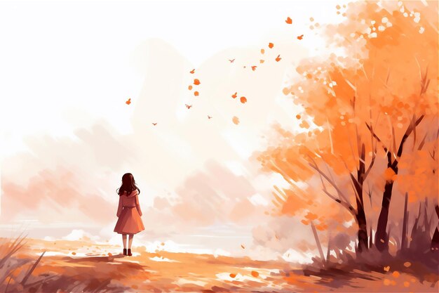 ragazza in autunno nel parco con alberi d'arancia intorno