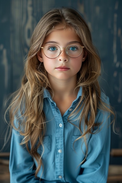 Ragazza in camicia blu con gli occhiali