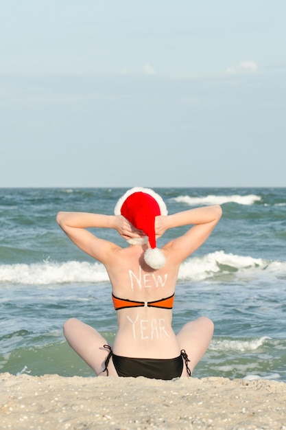 Ragazza in cappello da Babbo Natale con la scritta Capodanno sulla schiena seduta sulla spiaggia Vista posteriore