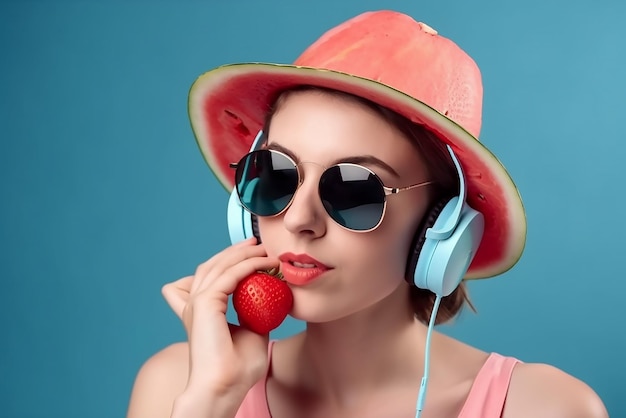 Ragazza in cappello rosa con fragole su sfondo blu