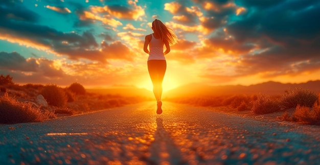 Ragazza in corsa al tramonto sport jogging stile di vita sano immagine generata dall'AI