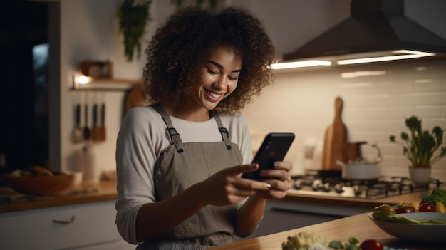 Ragazza in cucina che guarda il suo telefono a controllare una ricetta per cucinare