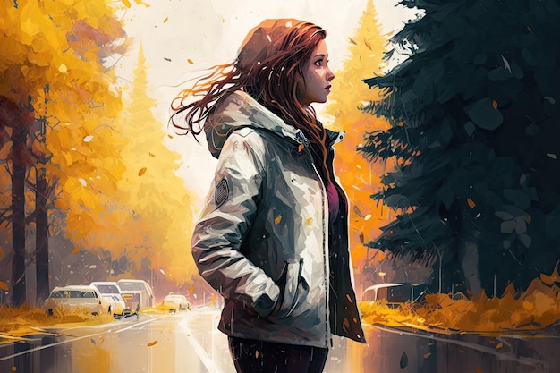 Ragazza in giacca a vento che cammina sulla strada autunno inverno sfondo illustrazione digitale