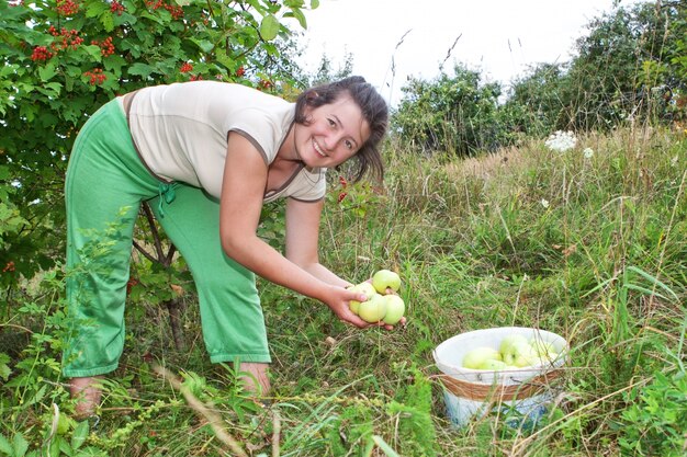 Ragazza in giardino raccolta mele