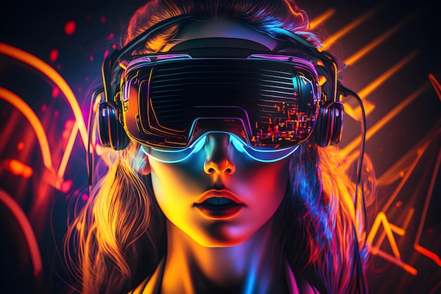 Ragazza in occhiali per realtà virtuale neon incandescente sfondo colorato