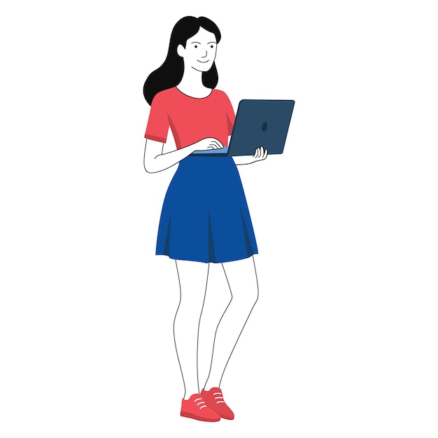 ragazza in piedi che usa un portatile
