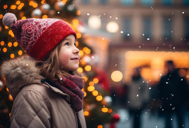 ragazza in piedi guardando l'albero di Natale