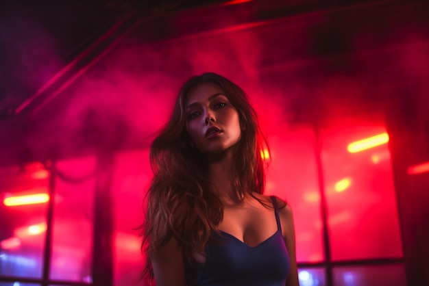 Ragazza in piedi in un night club con luci rosse al neon luminose colorate e fumatori