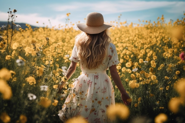 Ragazza in piedi in un prato di fiori