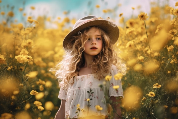 Ragazza in piedi in un prato di fiori