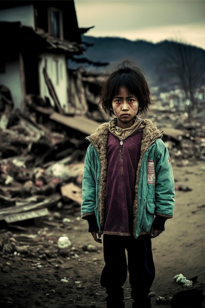 ragazza in piedi in una zona devastata dopo uno tsunami