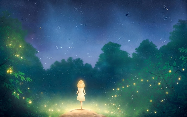 Ragazza in piedi nel mezzo della foresta magica notte con sfondo cielo e stelle sopra la sua testa