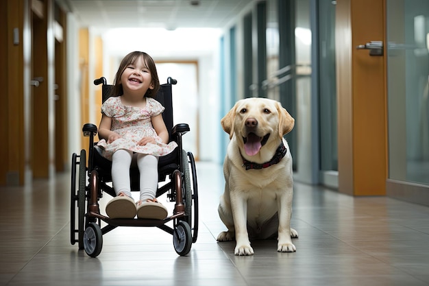 Ragazza in sedia a rotelle con un cane da servizio all'interno