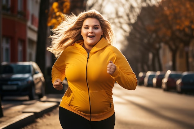 Ragazza in sovrappeso che fa jogging per strada Corridore estivo Genera Ai