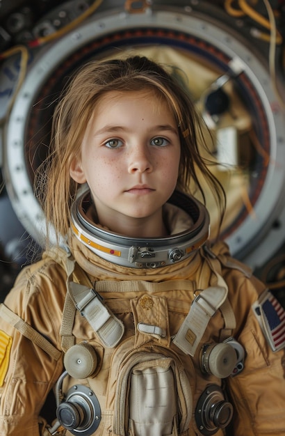 Ragazza in tuta spaziale che guarda fuori dalla finestra