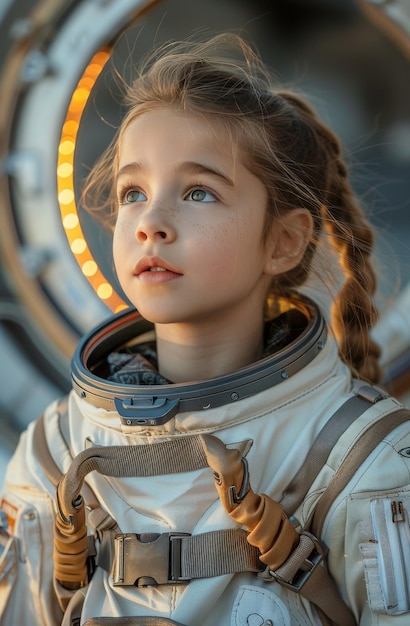 Ragazza in tuta spaziale che guarda fuori dalla finestra