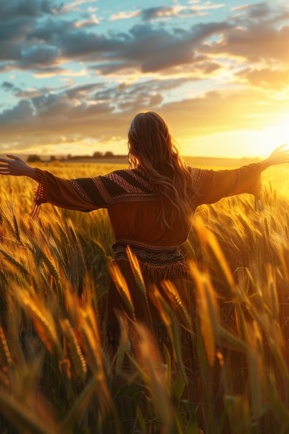 ragazza in un campo di grano al tramonto AI generativa