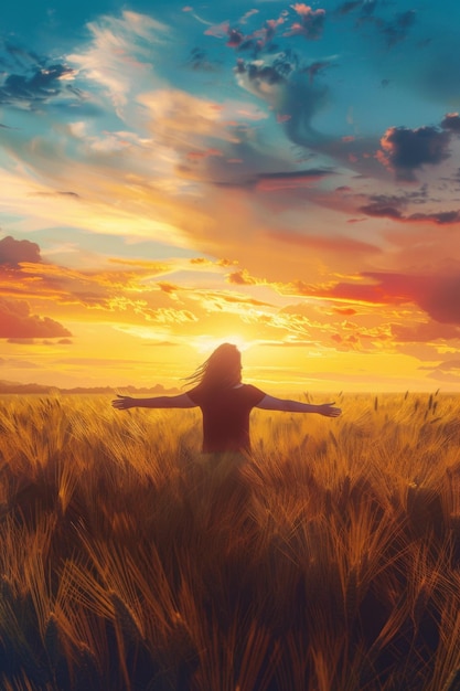 ragazza in un campo di grano al tramonto AI generativa