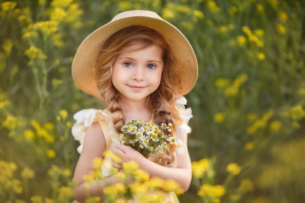 Ragazza in un cappello in giardino con un mazzo di margherite