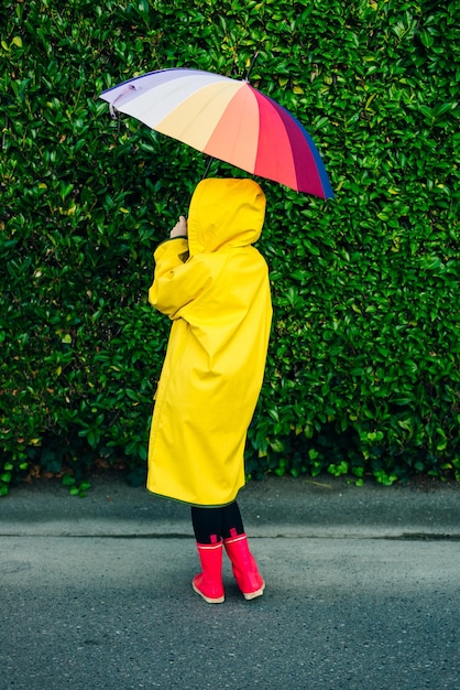 Ragazza in un impermeabile giallo su uno sfondo di un muro con erba con un ombrello multicolore