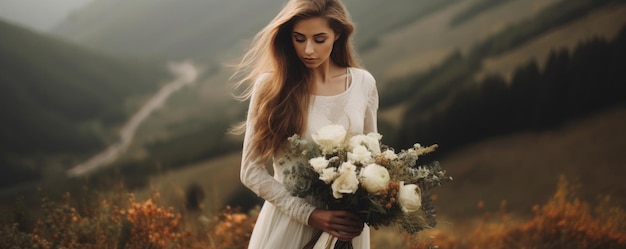 ragazza in un vestito da sposa bianco tiene nelle mani un bouquet di fiori generativo ai