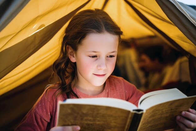 Ragazza in una tenda che legge un libro amore infantile per la letteratura