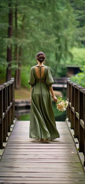 Ragazza in vestito verde che cammina su un ponte