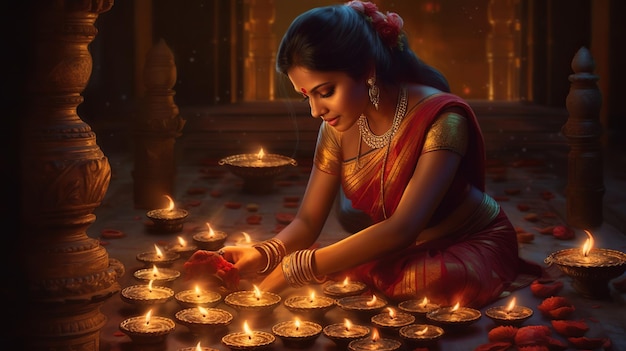 Ragazza indiana che accende lampade per la festa di Diwali Illustrazione 3D Generative Ai