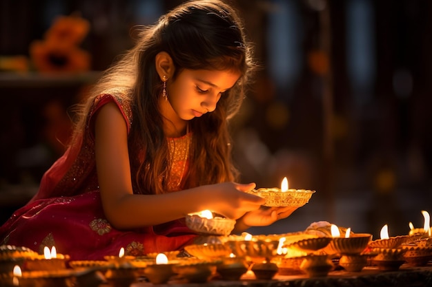 Ragazza indiana che organizza Diyas durante il festival di Diwali