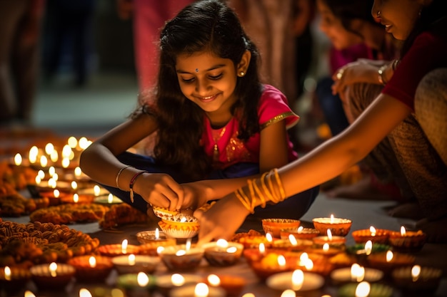 Ragazza indiana che organizza Diyas durante il festival di Diwali