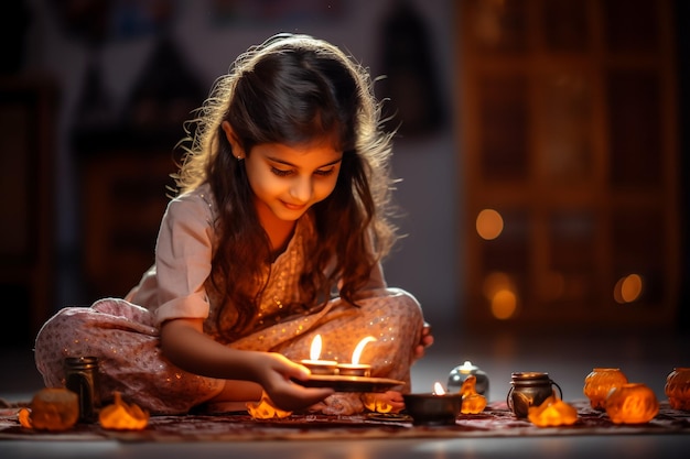 Ragazza indiana che organizza Diyas durante il festival di Diwali