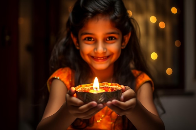 Ragazza indiana che organizza Diyas durante il festival di Diwali