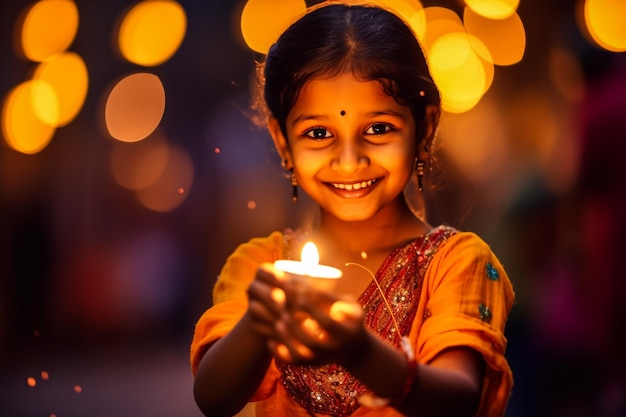 Ragazza indiana che organizza Diyas durante il festival di Diwali