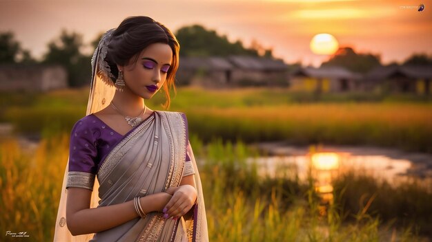 Ragazza indiana tenera in saree con le labbra viola si trucca posando sul campo al tramonto India alla moda mod