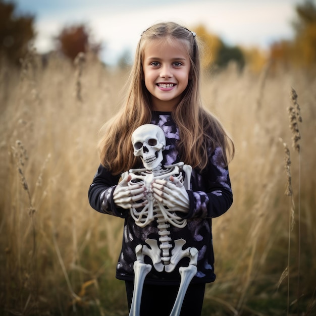 Ragazza inglese di otto anni che tiene in mano uno scheletro fittizio di un cane abbracciando lo spirito di Halloween