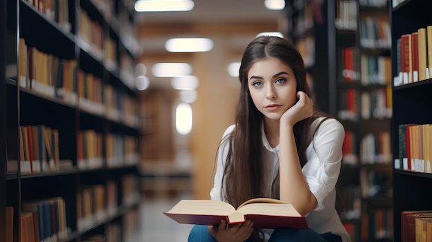 Ragazza intelligente, carina e creativa, studentessa con un libro in mano.