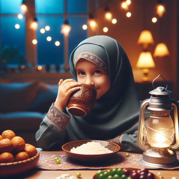 Ragazza islamica che indossa l'hijab shari che rompe il digiuno di notte