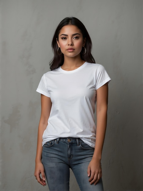 Ragazza ispanica che indossa una maglietta bianca e jeans blu Maglietto bianco bianco Mockup Design