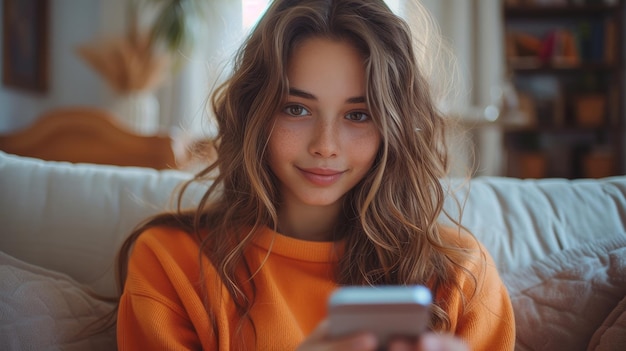 Ragazza ispanica millenaria che controlla i social media a casa Donna ispanica che usa un'app per telefono cellulare che gioca a giochi che compra online che ordina la consegna