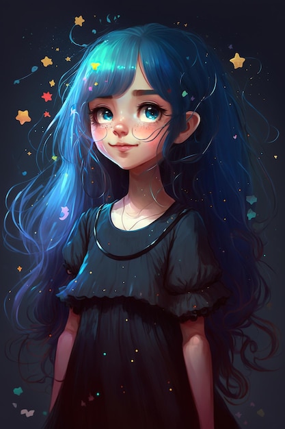 Ragazza Kawaii dai capelli blu in un dolce vestitino