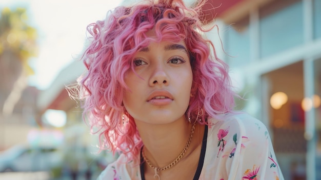 Ragazza latina con i capelli ricci rosa Illustrazione in stile anni '90