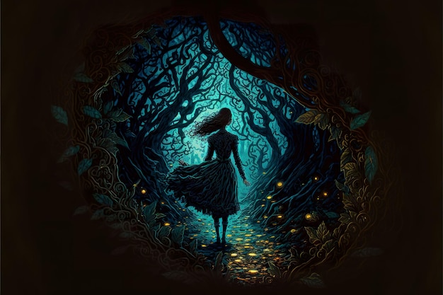 Ragazza magica incantata in un'oscura foresta fantasy