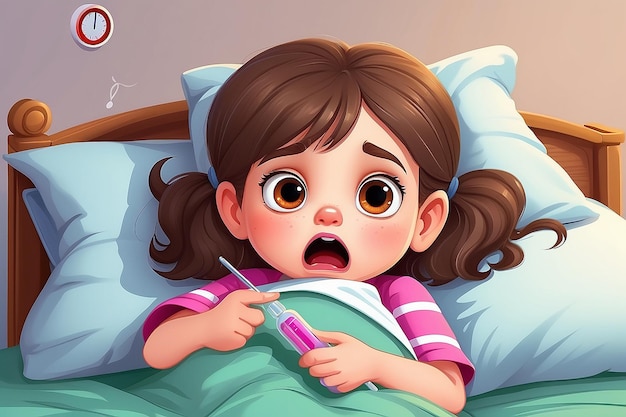 Ragazza malata che giace a letto con un termometro in bocca e si sente così male con la febbre vettore illustrazione di cartoni animati