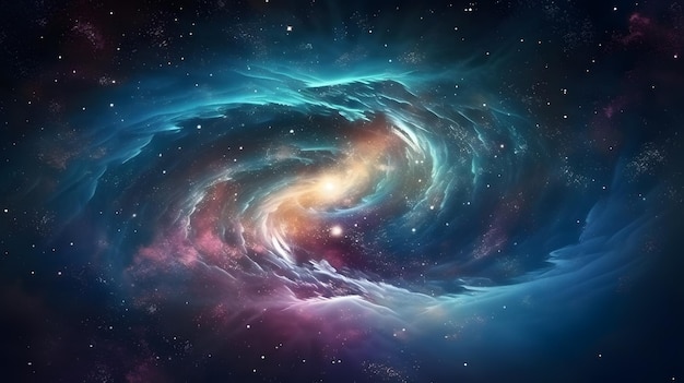 Ragazza meditativa nella posa del loto su sfondo energetico astratto tra galassie vorticose e nebulosa cosmica