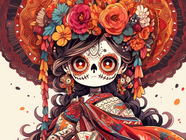 Ragazza messicana dia de los muertos manga in stile Chibi