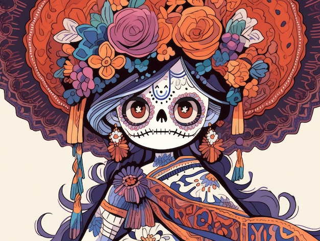 Ragazza messicana dia de los muertos manga in stile Chibi
